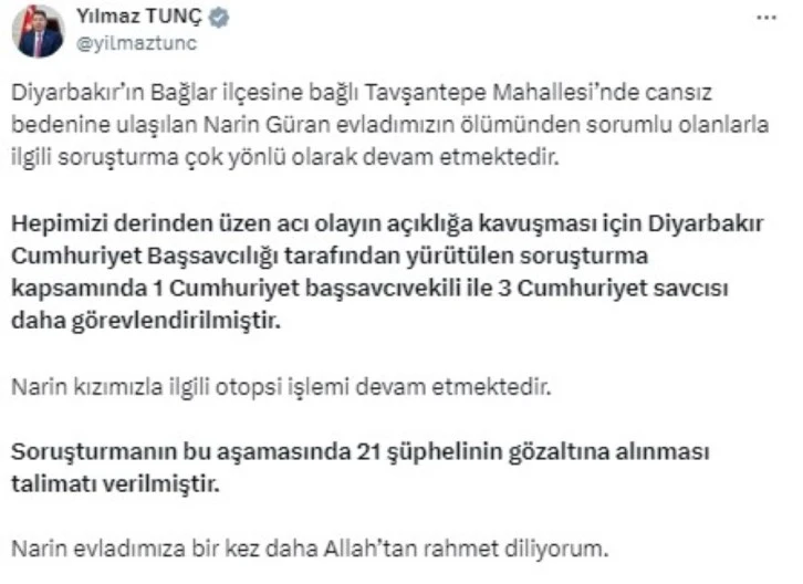 Ölü bulunan Narin olayında 21 kişi gözaltına alındı